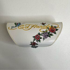 Ed Hardy White Embroidered Sunglass Case Butterflies Flower Snap Close CASE ONLY